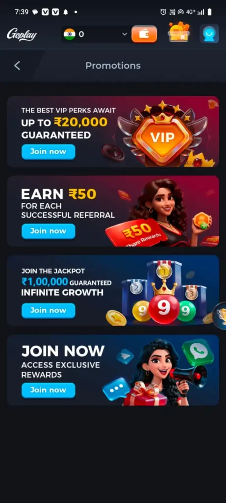 Goplay11 APK app interface dashboard with fantasy cricket rummy and casino games